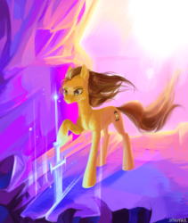 Size: 4521x5351 | Tagged: safe, artist:utauyan, oc, oc only, oc:radiant star, earth pony, pony, absurd resolution, cave, male, stallion, sword, weapon, windswept mane, ych result