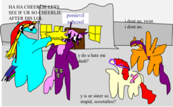 Size: 1834x1130 | Tagged: safe, artist:jacobfoolson, cheerilee, rainbow dash, scootaloo, twist, g4, 1000 hours in ms paint, abuse, cheeribuse, stylistic suck, violence