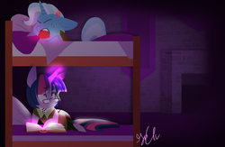 Size: 6779x4407 | Tagged: dead source, safe, artist:shellielle, trixie, twilight sparkle, pony, unicorn, g4, absurd resolution, alternate hairstyle, alternate universe, angry, bed, blanket, book, bunk bed, clothes, cross-popping veins, duo, female, fireplace, glasses, glowing horn, horn, looking up, magic, mare, pillow, pointy ponies, signature, story included