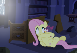 Size: 1024x717 | Tagged: safe, artist:mlp-trailgrazer, fluttershy, pony, g4, crossover, fanart mashup challenge, furby, haunted house, lightning, lying down, on back