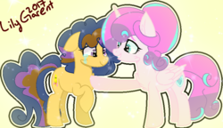 Size: 814x469 | Tagged: safe, artist:fragrance-mlpng, princess flurry heart, oc, oc:magical smile, earth pony, pony, g4, crying, female, mare, older, parent:cheese sandwich, parent:twilight sparkle, parents:twicheese, raised hoof, tears of joy