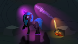 Size: 1920x1080 | Tagged: safe, artist:littlepony115, oc, oc only, oc:solar eclipse, pony, unicorn, cave, cutie mark, female, magic, mare, solo, sword, vignette, weapon