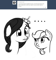 Size: 1008x1072 | Tagged: safe, artist:nimaru, oc, oc only, oc:butterscotch (nimaru), oc:luau, pony, ..., ask, bust, female, filly, flower, flower in hair, mare, monochrome, mother and daughter, portrait, tumblr