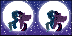 Size: 4076x2056 | Tagged: safe, artist:navitaserussirus, edit, trixie, twilight sparkle, alicorn, pony, g4, female, holding a pony, lesbian, ship:twixie, shipping, twilight sparkle (alicorn)