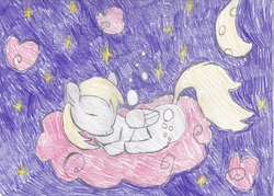 Size: 3476x2488 | Tagged: safe, artist:catching-fireflight, derpy hooves, g4, cloud, female, high res, sleeping, solo, traditional art