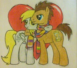 Size: 1259x1120 | Tagged: safe, artist:iven-furrpaw, derpy hooves, doctor whooves, time turner, g4, clothes, female, male, scarf, ship:doctorderpy, shipping, straight, traditional art
