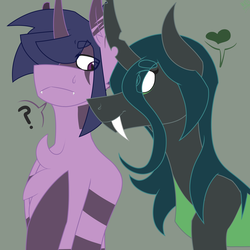 Size: 1688x1688 | Tagged: safe, artist:moonakart13, artist:moonaknight13, queen chrysalis, twilight sparkle, oc, oc:twilight night, g4, dusk shine, fangs, female, frown, heart, male, markings, question mark, rule 63, ship:dusksalis, ship:twisalis, shipping, smiling