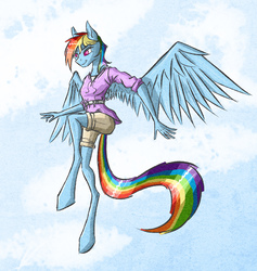 Size: 915x966 | Tagged: safe, artist:akweer, rainbow dash, pegasus, anthro, unguligrade anthro, g4, clothes, female, flying, mare, multicolored hair, shirt, shorts, smiling, solo