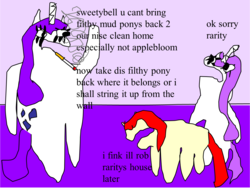 Size: 1504x1141 | Tagged: safe, artist:jacobfoolson, apple bloom, rarity, sweetie belle, g4, 1000 hours in ms paint, abuse, applebuse, insult, mud pony
