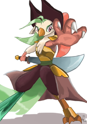 Size: 559x800 | Tagged: safe, artist:kixalin, captain celaeno, parrot, anthro, g4, my little pony: the movie, amputee, captain, claws, clothes, female, hat, pirate, pirate hat, prosthetic limb, prosthetics, signature, solo, sword, weapon