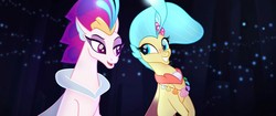 Size: 945x396 | Tagged: safe, screencap, princess skystar, queen novo, seapony (g4), g4, my little pony: the movie, blue eyes, bubble, bust, crown, cute, duo, eyelashes, eyeshadow, female, fin wings, fins, fish tail, flower, flower in hair, flowing mane, flowing tail, glowing, jewelry, like mother like daughter, like parent like child, looking at each other, looking at someone, makeup, mother, mother and daughter, necklace, ocean, one small thing, open mouth, pearl necklace, portrait, purple eyes, regalia, seaquestria, seashell, seashell necklace, singing, smiling, smiling at each other, swimming, tail, teeth, underwater, water, wings