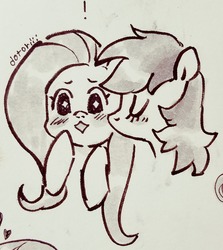 Size: 1280x1438 | Tagged: safe, artist:dotoriii, fluttershy, rainbow dash, pony, g4, :<>, blushing, bust, duo, exclamation point, eyes closed, female, kissing, lesbian, mare, monochrome, open mouth, portrait, ship:flutterdash, shipping, smooch, traditional art, wingding eyes
