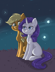 Size: 1226x1618 | Tagged: safe, artist:haruhi-il, applejack, rarity, earth pony, pony, unicorn, g4, blushing, curved horn, duo, ear fluff, female, fluffy, horn, lesbian, looking at each other, mare, night, ship:rarijack, shipping, sitting, sky, smiling, stars
