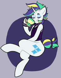 Size: 2062x2600 | Tagged: safe, artist:/d/non, rarity, g4, it isn't the mane thing about you, 30 minute art challenge, alternate hairstyle, bracelet, classy, clothes, crossed legs, cup, cute, female, high res, jacket, jewelry, punk, raribetes, raripunk, simple background, solo, teacup