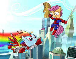 Size: 2600x2000 | Tagged: safe, rainbow dash, scootaloo, g4, armor, crossover, duo, flying, high res, iron man, ironpony, male, marvel, smiling, smirk, spider-man, spider-man: homecoming, spider-mare, spider-pony, superhero, swinging, tights, waving, wings