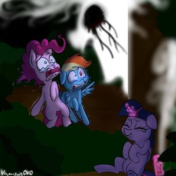 Size: 894x894 | Tagged: safe, artist:vincentjiang0v0, pinkie pie, rainbow dash, twilight sparkle, alicorn, earth pony, pegasus, pony, g4, female, giggling, mare, prank, revenge, scared, twilight sparkle (alicorn)