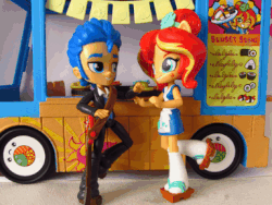 Size: 384x288 | Tagged: safe, artist:whatthehell!?, flash sentry, sunset shimmer, equestria girls, g4, animated, clothes, doll, equestria girls minis, female, food, gif, girlfriend, guitar, irl, japanese, male, photo, ship:flashimmer, shipping, shoes, straight, sunset sushi, sushi, toy, truck, tuxedo
