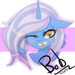 Size: 800x800 | Tagged: safe, artist:bobundercover, oc, oc only, oc:fleurbelle, alicorn, pony, adorabelle, alicorn oc, bust, commission, cute, one eye closed, signature, starry eyes, wingding eyes, wink