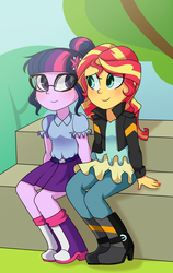 Size: 3156x5000 | Tagged: safe, artist:hyperion-jack, sci-twi, sunset shimmer, twilight sparkle, equestria girls, g4, blushing, cute, duo, female, lesbian, looking at each other, shimmerbetes, ship:sci-twishimmer, ship:sunsetsparkle, shipping, sitting, twiabetes