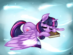 Size: 1024x768 | Tagged: safe, artist:simpleartstudent, twilight sparkle, alicorn, pony, g4, abstract background, book, bookhorse, eyes closed, female, lying, mare, sleeping, solo, spread wings, twilight sparkle (alicorn), wings