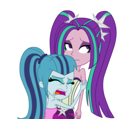 Size: 1312x1279 | Tagged: safe, artist:eagc7, aria blaze, sonata dusk, equestria girls, g4, bare shoulders, clothes, comfort, crying, female, pigtails, ponytail, sad, shoulderless, simple background, sleeveless, strapless, the dazzlings, transparent background