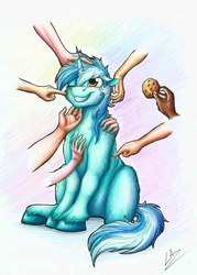 Size: 2408x3366 | Tagged: safe, artist:lupiarts, lyra heartstrings, pony, unicorn, g4, chest fluff, cookie, cute, disembodied hand, female, food, hand, high res, lyrabetes, mare, petting, sitting, smiling, solo, stroking, that pony sure does love hands, traditional art