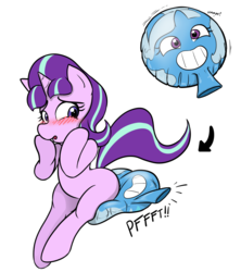 Size: 977x1100 | Tagged: safe, artist:redflare500, starlight glimmer, trixie, pony, unicorn, g4, blushing, fart noise, female, inanimate tf, mare, missing cutie mark, objectification, transformation, whoopee cushion