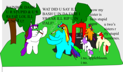 Size: 2934x1713 | Tagged: safe, artist:jacobfoolson, apple bloom, rainbow dash, rarity, scootaloo, sweetie belle, g4, 1000 hours in ms paint, cigar, cigarette, fight, park, playground, smoking, violence