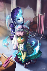 Size: 1630x2484 | Tagged: safe, artist:mechagen, fluttershy, rarity, pegasus, pony, unicorn, g4, green isn't your color, alternate hairstyle, beautiful, blushing, clothes, comb, cute, dress, duo, featured image, female, levitation, lidded eyes, magic, makeover, mare, modelshy, scissors, sexy, shyabetes, sitting, smiling, telekinesis
