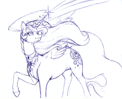 Size: 3068x2508 | Tagged: safe, artist:longinius, princess luna, alicorn, pony, g4, ballpoint pen, female, high res, jewelry, mare, monochrome, raised hoof, sketch, solo, traditional art, wings