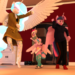 Size: 1500x1500 | Tagged: safe, artist:tahublade7, princess cadance, princess celestia, princess flurry heart, twilight sparkle, alicorn, anthro, plantigrade anthro, g4, 3d, aunt and niece, barefoot, clothes, dancing, dancing queen, daz studio, derp, do the sparkle, feet, female, filly, majestic as fuck, mare, not sfm, pajamas, robe, slippers, socks, stocking feet, tongue out, twilight sparkle (alicorn)