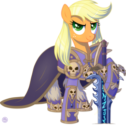 Size: 950x942 | Tagged: safe, artist:stasysolitude, applejack, pony, g4, armor, arthas menethil, clothes, cosplay, costume, crossover, cute, female, frostmourne, hatless, jackabetes, lich king, missing accessory, simple background, solo, sword, transparent background, warcraft, weapon, world of warcraft