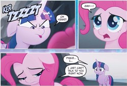 Size: 1240x848 | Tagged: safe, pinkie pie, twilight sparkle, alicorn, pony, g4, my little pony: the movie, my little pony: the movie adaptation, angry, basalt beach, comic, cropped, dialogue, gasp, glowing, glowing horn, horn, sad, twilight sparkle (alicorn)