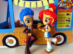 Size: 1152x864 | Tagged: safe, artist:whatthehell!?, flash sentry, sunset shimmer, equestria girls, g4, clothes, doll, equestria girls minis, female, food, guitar, irl, japanese, male, photo, ship:flashimmer, shipping, shoes, straight, sunset sushi, sushi, toy, truck, tuxedo