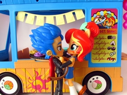 Size: 1080x810 | Tagged: safe, artist:whatthehell!?, flash sentry, sunset shimmer, fish, equestria girls, g4, clothes, doll, equestria girls minis, female, food, guitar, hug, japanese, male, outfit, ship:flashimmer, shipping, shoes, straight, sunset sushi, sushi, toy, truck, tuxedo