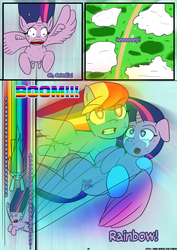 Size: 1233x1746 | Tagged: safe, artist:otakon, rainbow dash, twilight sparkle, alicorn, pony, comic:love in the clouds, g4, comic, crying, falling, female, flying, patreon, sonic rainboom, twilight sparkle (alicorn)
