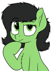 Size: 1293x1748 | Tagged: safe, artist:smoldix, oc, oc only, oc:filly anon, bust, chest fluff, ear fluff, emoji, female, filly, hoof on chin, looking up, raised eyebrow, simple background, solo, thinking, thinking emoji, transparent background
