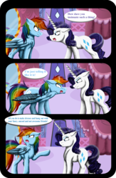 Size: 3280x5024 | Tagged: safe, artist:shadeila, rainbow dash, rarity, pegasus, pony, unicorn, comic:why did i fall in love with her?, g4, absurd resolution, argument, carousel boutique, comic, dialogue, female, floppy ears, lesbian, looking at each other, mare, open mouth, raised hoof, ship:raridash, shipping