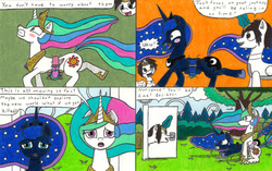 Size: 3278x2056 | Tagged: safe, artist:eternaljonathan, princess celestia, princess luna, oc, oc:nemo, alicorn, pony, comic:a new twist, g4, burp, comic, door, forest, guardian, high res, horn, horn ring, royal sisters, saddle bag, science fiction, squeeze, squeezing, tight clothing, traditional art
