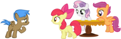 Size: 1024x332 | Tagged: safe, artist:petraea, apple bloom, scootaloo, sweetie belle, oc, oc:mighty, pegasus, pony, g4, colt, cutie mark crusaders, male, simple background, transparent background, vector