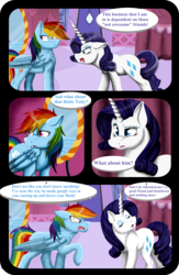 Size: 3280x5024 | Tagged: safe, artist:shadeila, rainbow dash, rarity, pegasus, pony, unicorn, comic:why did i fall in love with her?, g4, absurd resolution, carousel boutique, comic, dialogue, eyes closed, female, floppy ears, lesbian, mare, open mouth, raised eyebrow, raised hoof, ship:raridash, shipping