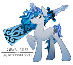 Size: 700x622 | Tagged: safe, artist:musetrigger, oc, oc only, oc:gear pulse, pony, unicorn, cutie mark, glowing horn, horn, magic, magic aura, male, simple background, solo, sword, telekinesis, transparent background, weapon