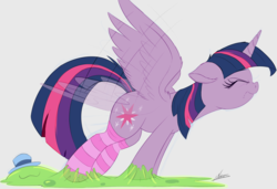 Size: 6000x4096 | Tagged: safe, artist:ncmares, smooze, twilight sparkle, alicorn, pony, g4, :3, absurd resolution, adorable distress, breaking free, clothes, cute, ear fluff, eyes closed, female, flapping, floppy ears, frown, gray background, hat, mare, nose wrinkle, simple background, socks, spread wings, striped socks, struggling, stuck, twilight sparkle (alicorn), white background, wing fluff, wings