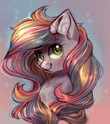 Size: 1772x2000 | Tagged: safe, artist:segraece, oc, oc only, pony, abstract background, blushing, bust, chest fluff, commission, female, looking at you, mare, portrait, smiling, solo