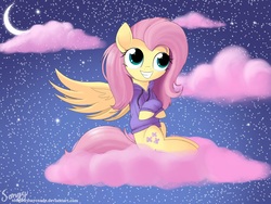 Size: 2000x1500 | Tagged: safe, artist:songbirdserenade, fluttershy, pegasus, pony, g4, clothes, cloud, cute, female, hoodie, moon, night, on a cloud, shyabetes, sitting, smiling, solo, spread wings, stars, wings