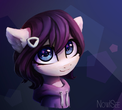 Size: 1673x1500 | Tagged: safe, artist:inowiseei, oc, oc only, oc:rainfall bloom, pony, abstract background, bust, clothes, commission, female, hoodie, looking at you, mare, portrait, smiling, solo