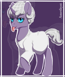 Size: 821x973 | Tagged: safe, artist:anonymous-potayto, oc, oc only, oc:amethyst, pony, unicorn, clothes, dress, female, magical lesbian spawn, mare, offspring, parent:maud pie, parent:rarity, parents:rarimaud, solo