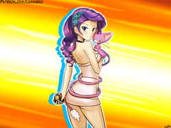 Size: 1000x750 | Tagged: safe, artist:lumineko, rarity, glameow, human, g4, ass, blushing, butt, clothes, crossover, ear piercing, earring, eyeshadow, flower, humanized, jewelry, long hair, looking at you, makeup, piercing, poké ball, pokémon, purple hair, smiling, tail
