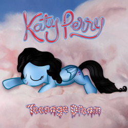 Size: 1500x1500 | Tagged: safe, artist:aldobronyjdc, pegasus, pony, cloud, cotton candy, cotton candy cloud, eyes closed, food, katy perry, ponified, ponified album cover, ponified celebrity, solo, teenage dream