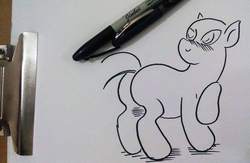 Size: 1040x676 | Tagged: artist needed, safe, oc, oc only, earth pony, pony, blushing, butt, monochrome, plot, solo, traditional art